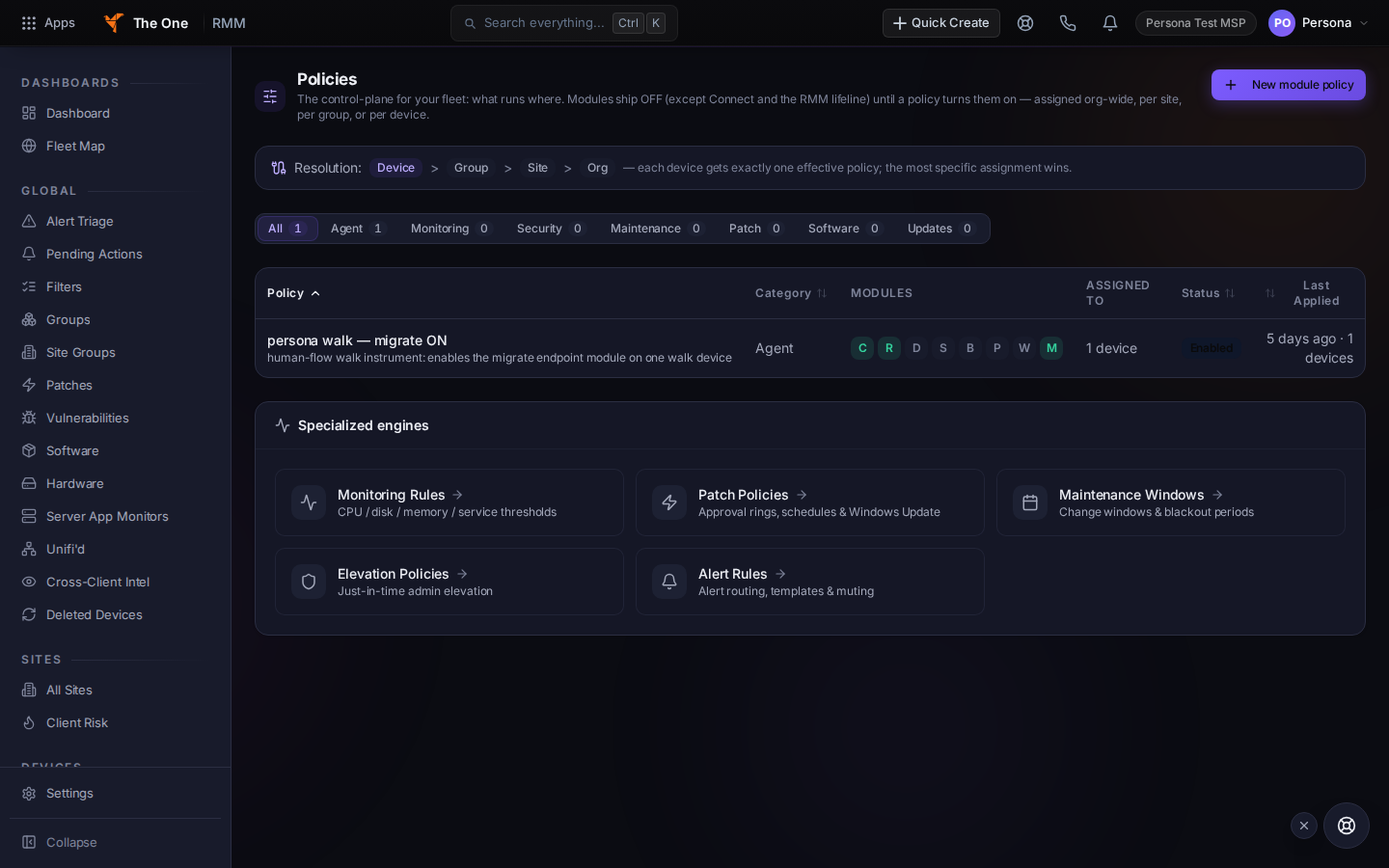 RMM Policies page with module-policy list and specialized engines