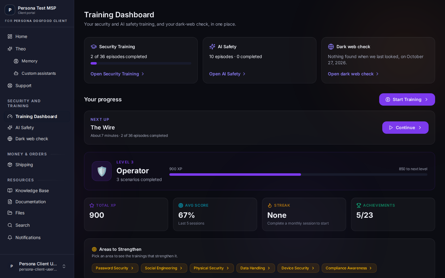Hub Client Portal Training Dashboard for a learner