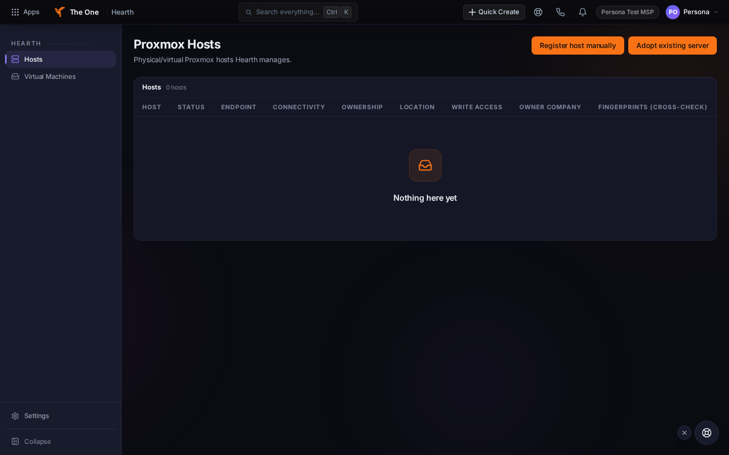 Hearth empty hosts list with Register Host and Adopt Host CTAs