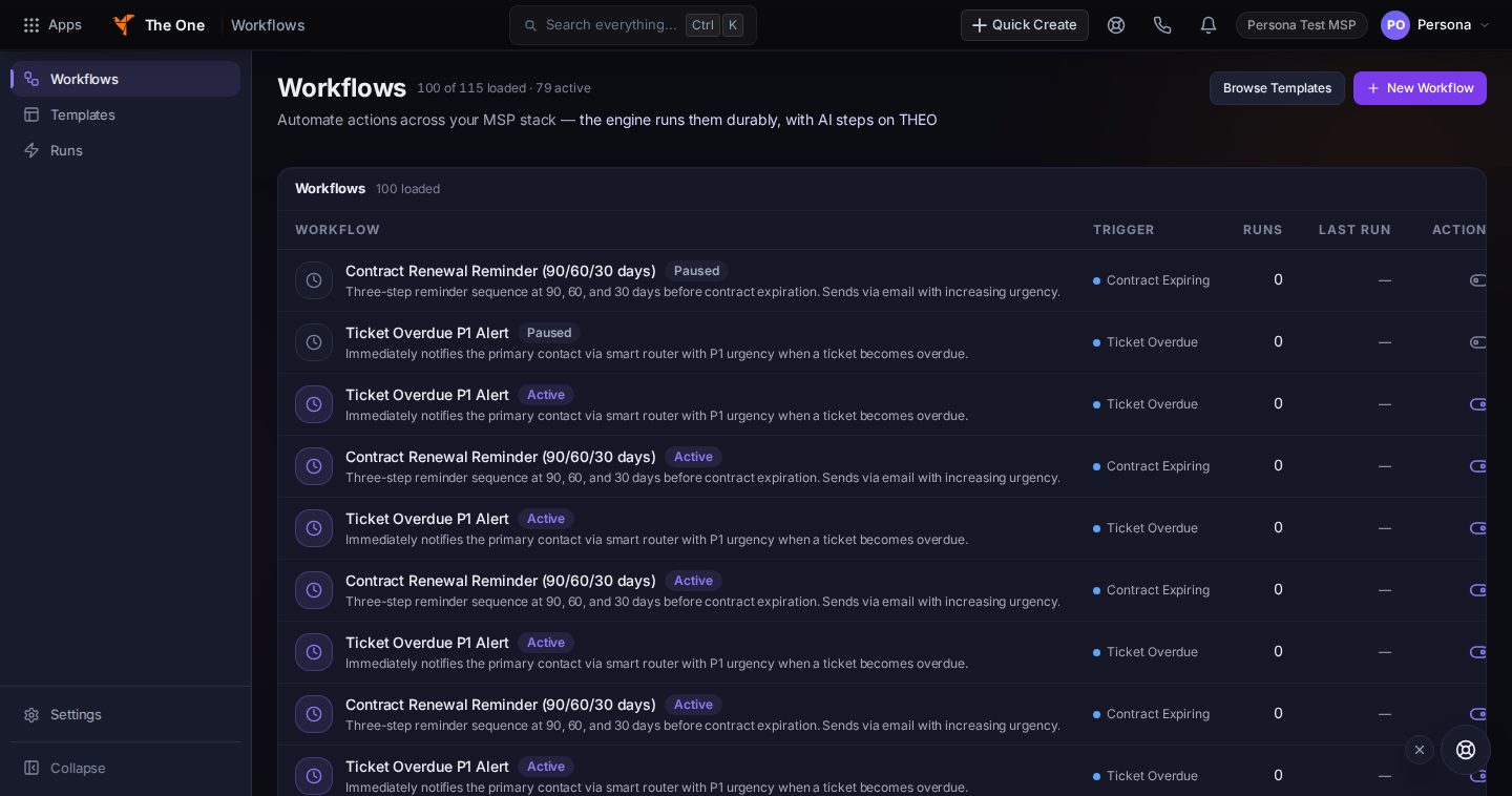 Workflows list in the Hub showing active and paused workflows